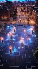 An image of a city square with an ARenabled holographic map on the floor highlighting the various streets and buildings. cyberpunk ar