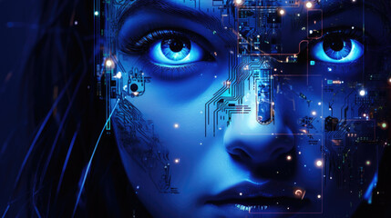 A person's profile with a single circuit board interface emerging from one eye socket glowing in blues and purples as cyberpunk ar