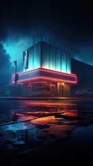 An eerie shot of a vacant theater marquee which casts a neon blue light over a dusty asphalt road. cyberpunk ar