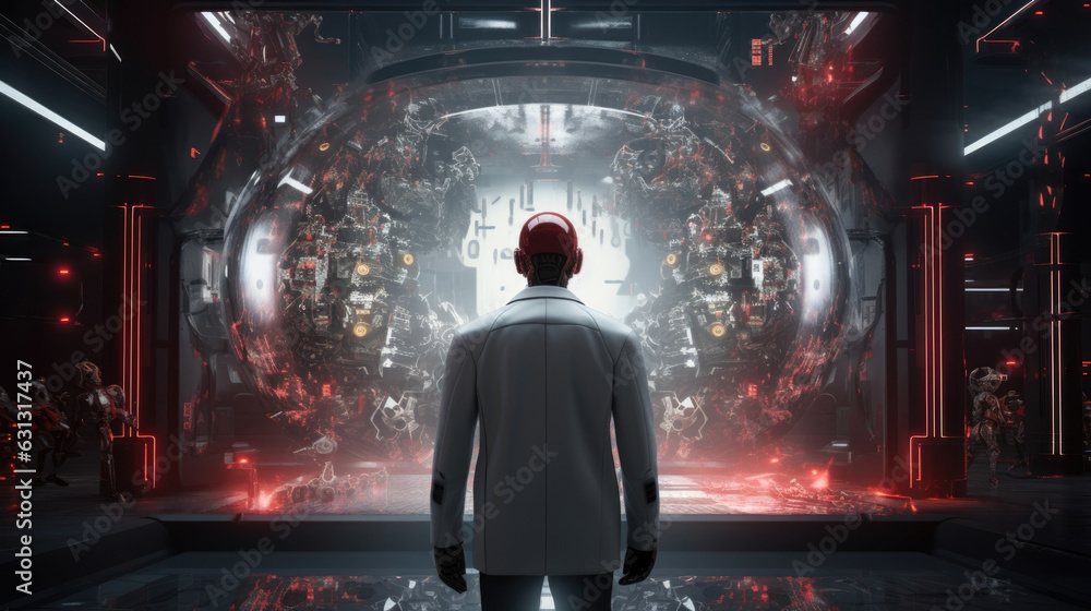 Poster a person with half of their body rep with robotic parts standing tall against a bleak scifi setting 
