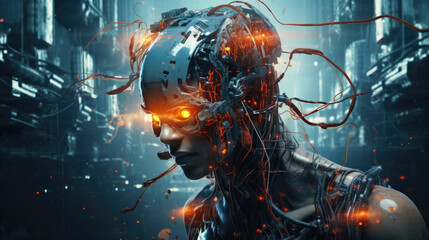 A figure with wires running from their skull and various augmented vision tools integrated into their body. cyberpunk ar
