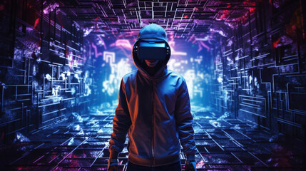 A person wearing a virtual reality headset in the middle of a cyberpunkthemed escape room. The room has steel walls neonblue cyberpunk ar