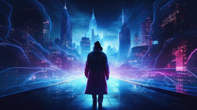 A figure wearing a virtual reality headset and a cloak walking through a neonlit city with a suitcase filled with stolen cyberpunk ar