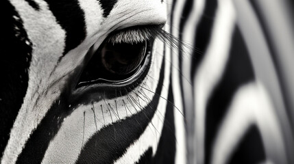 Monochrome, shallow depth of field image of a zebra with head and eye in focus and stripes in soft-focus, wildlife black and white stripes background texture closeup - obrazy, fototapety, plakaty