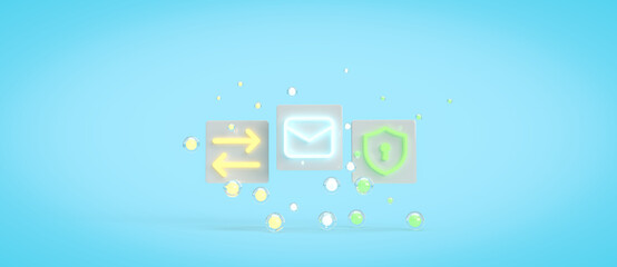Icons of mail, security, network. 3d render on the web, Internet, websites, technologies, programming, security, mail. Minimal style, blue background.