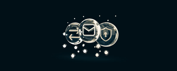 Glass icons of mail, security, network. 3d render on the web, Internet, websites, technologies, programming, security, mail. Minimal style, dark background.