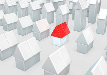 A pattern of geometric shapes of cubes. The composition of houses. 3d render on the topic of construction, purchase of housing, houses, cities, farms. Modern minimal style. Gray background.