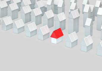Fototapeta na wymiar A pattern of geometric shapes of cubes. The composition of houses. 3d render on the topic of construction, purchase of housing, houses, cities, farms. Modern minimal style. Gray background.