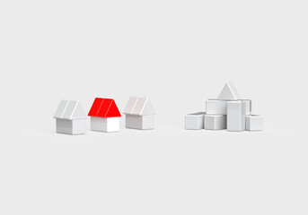 A pattern of geometric shapes of cubes. The composition of houses. 3d render on the topic of construction, purchase of housing, houses, cities, farms. Modern minimal style. Gray background.