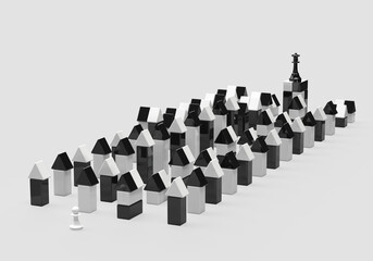 Chess pieces are a pawn and a king with a playing field in the form of houses and cubes. A playing field of geometric shapes. 3d render on the topic of business, work, intelligence, chess games. Gray.
