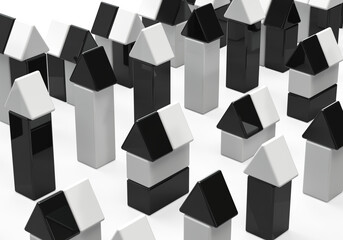 A pattern of geometric shapes of cubes. The composition of houses. 3d render on the topic of construction, purchase of housing, houses, cities, farms. Modern minimal style. Transparent background.