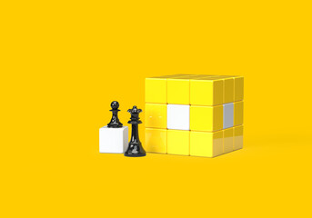 Chess pieces are a pawn and a king with a game cube. The black and white playing field consists of cubes. 3d render on the topic of business, work, intelligence, chess games. Yellow background.