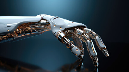 A robotic arm equipped with a high tech computing device embedded into a metallic arm. cyberpunk ar