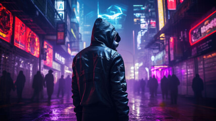 A person wearing a black trenchcoat and gas mask walking down a dirty subterranean street with glowing billboards and cyberpunk ar