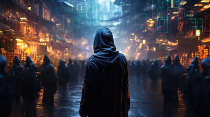 A person wearing a black cloak and engulfed in a digital rain standing a the rows of holographic vendors in a crowded cyberpunk ar