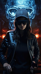 Fototapeta na wymiar A female private detective surrounded by a 3D projection of cybercode with her virtual reality headset on overlaid with cyberpunk ar