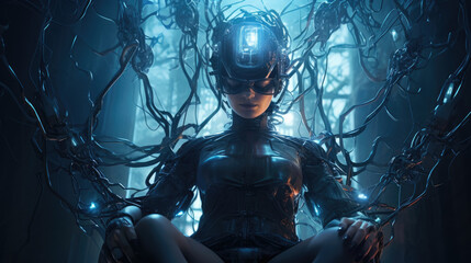 A fullbody photo of a cybernetic human with wires connecting its limbs directly to a visual cortex allowing it to access cyberpunk ar