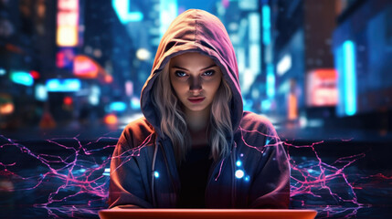 A hires photo of a woman wearing a hoodie with a computer in midair with a digital chrome circuit board and glowing neon cyberpunk ar