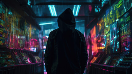 Obraz premium A hooded figure silhouetted against a backdrop of neon signs and lights. cyberpunk ar
