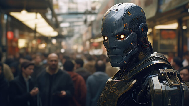 A hulking robotic guard standing sentinel over a bustling black market marketplace its visor scanning the people coming cyberpunk ar