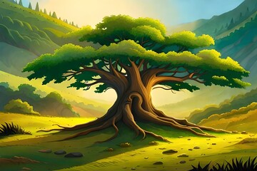 a massive, ancient tree standing tall in the heart of a dense, vibrant jungle - AI generative