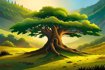 Poster de jardin Jaune a massive, ancient tree standing tall in the heart of a dense, vibrant jungle - AI generative