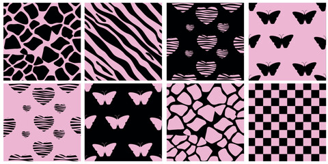 Y2k glamour pink seamless patterns. Backgrounds in trendy emo goth 2000s style. Butterfly, heart, chessboard, mesh, leopard, zebra. 90s, 00s aesthetic. Pink pastel and black colors. - obrazy, fototapety, plakaty