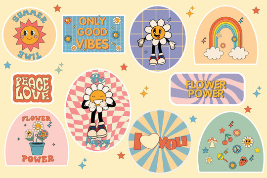 Naklejka Groovy hippie 70s stickers. Funny cartoon flower,rainbow, peace, Love, heart, daisy, mushroom etc. Sticker pack in trendy retro psychedelic cartoon style. Flower power. Only good vibes. I love you
