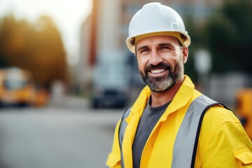 Middle age european man builder in yellow helmet smiling, looking in camera on the blurred background of the construction. Generative ai - obrazy, fototapety, plakaty