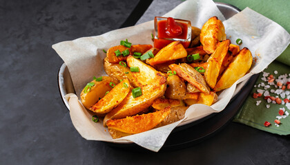 Baked potato wedges with cheese and herbs and tomato sauce on black background - homemade organic vegetable vegan vegetarian potato wedges snack food.