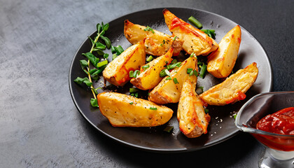 Baked potato wedges with cheese and herbs and tomato sauce on black background - homemade organic vegetable vegan vegetarian potato wedges snack food.