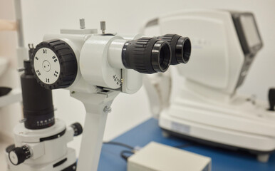 Slit lamp. Biomicroscope. Binoculars. Ophthalmic equipment.. Close up, selective focus. Health care...