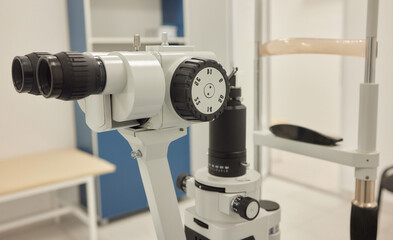 Slit lamp. Biomicroscope. Binoculars. Ophthalmic equipment.. Close up, selective focus. Health care...