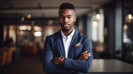 Fototapeta premium A Young Man in a Tailored Suit with Arms Crossed Standing Proudly, generative AI