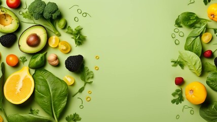 vegetables and fruits flat lay on green background