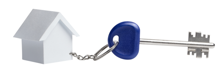 Blue house key with a house shaped keychain, cut out