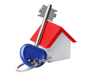 Blue house key with a house shaped keychain, cut out