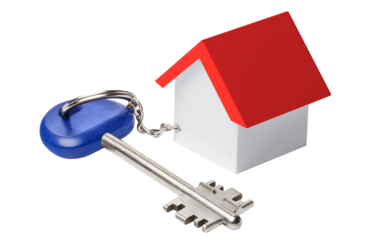 Blue house key with a house shaped keychain, cut out