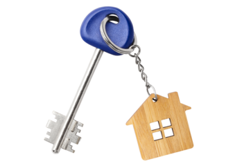 Blue house key with a house shaped keychain, cut out