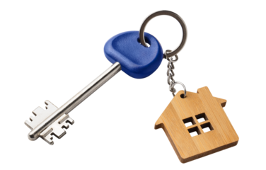 Blue house key with a house shaped keychain, cut out