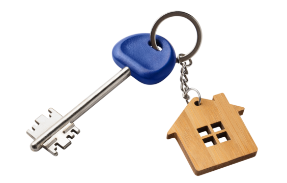 Blue house key with a house shaped keychain, cut out