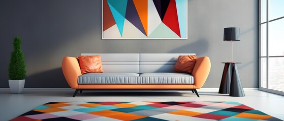 a contemporary lounge area with a minimalist sofa and a geometric-patterned carpet. 