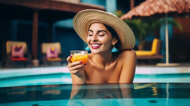 Poolside Paradise: A Young Woman Relaxing in a Swimming Pool with a Colorful Drink and Hat, generative AI