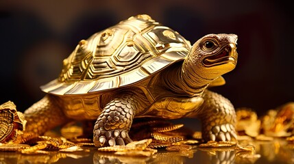 Isolated golden tortoises in Thai style coins - obrazy, fototapety, plakaty