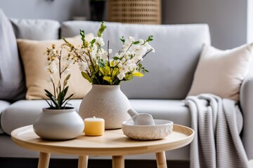 Interior design of scandinavian living room with stylish grey sofa, coffee table, spring flowers, decoration, pillows, plaid, tray.
crated generative ai.