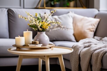 Interior design of scandinavian living room with stylish grey sofa, coffee table, spring flowers, decoration, pillows, plaid, tray.
crated generative ai.