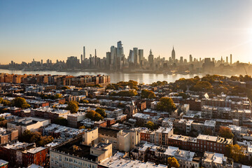 Aerial view of Hudson Yards, NYC Skyline seen from Hoboken, NJ