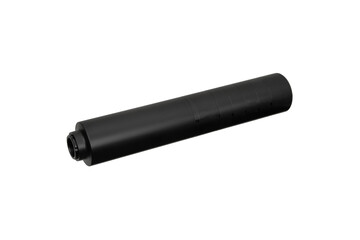 Black silencer for weapons. Suppressor that is at the end of an assault rifle. Isolate on a white...