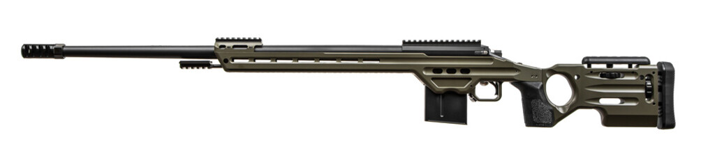 Modern sniper rifle on a lightweight aluminum chassis. Long range bolt action weapon. Isolate on a...