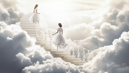 Person in white dress on clouds in fantasy concept. AI generated